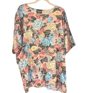 Awesome Wear 3X Floral Print Pink Blue Yellow Rayon Oversized Tunic Top USA